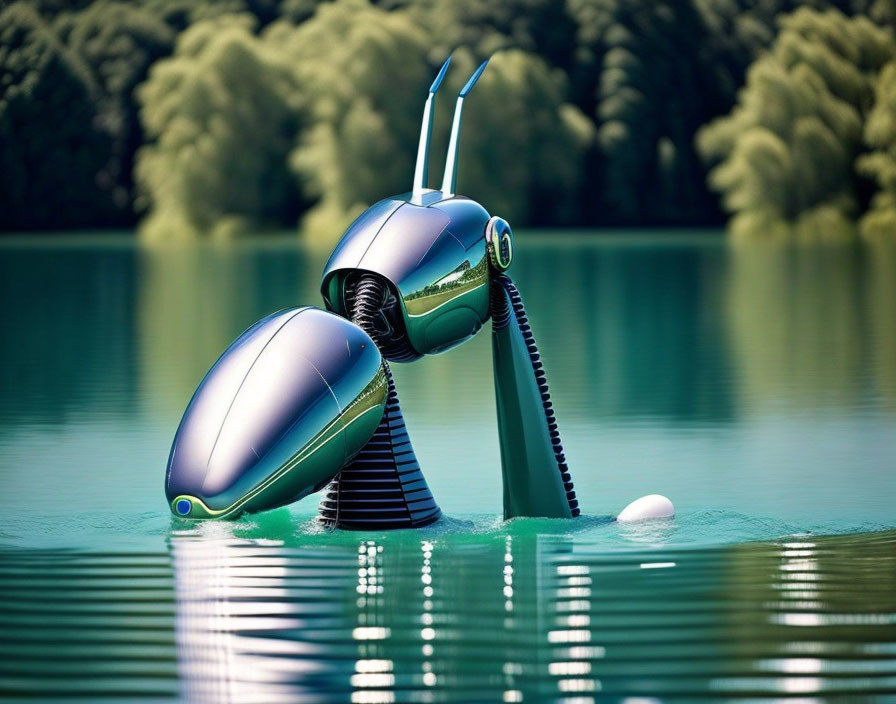 Futuristic robotic insect-like creatures on water with green trees