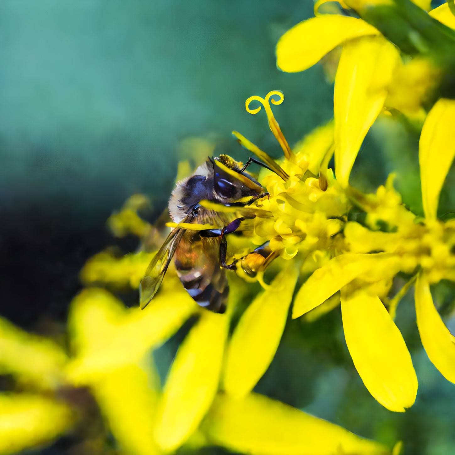 Bee gathering nectar from yellow flowers in green background