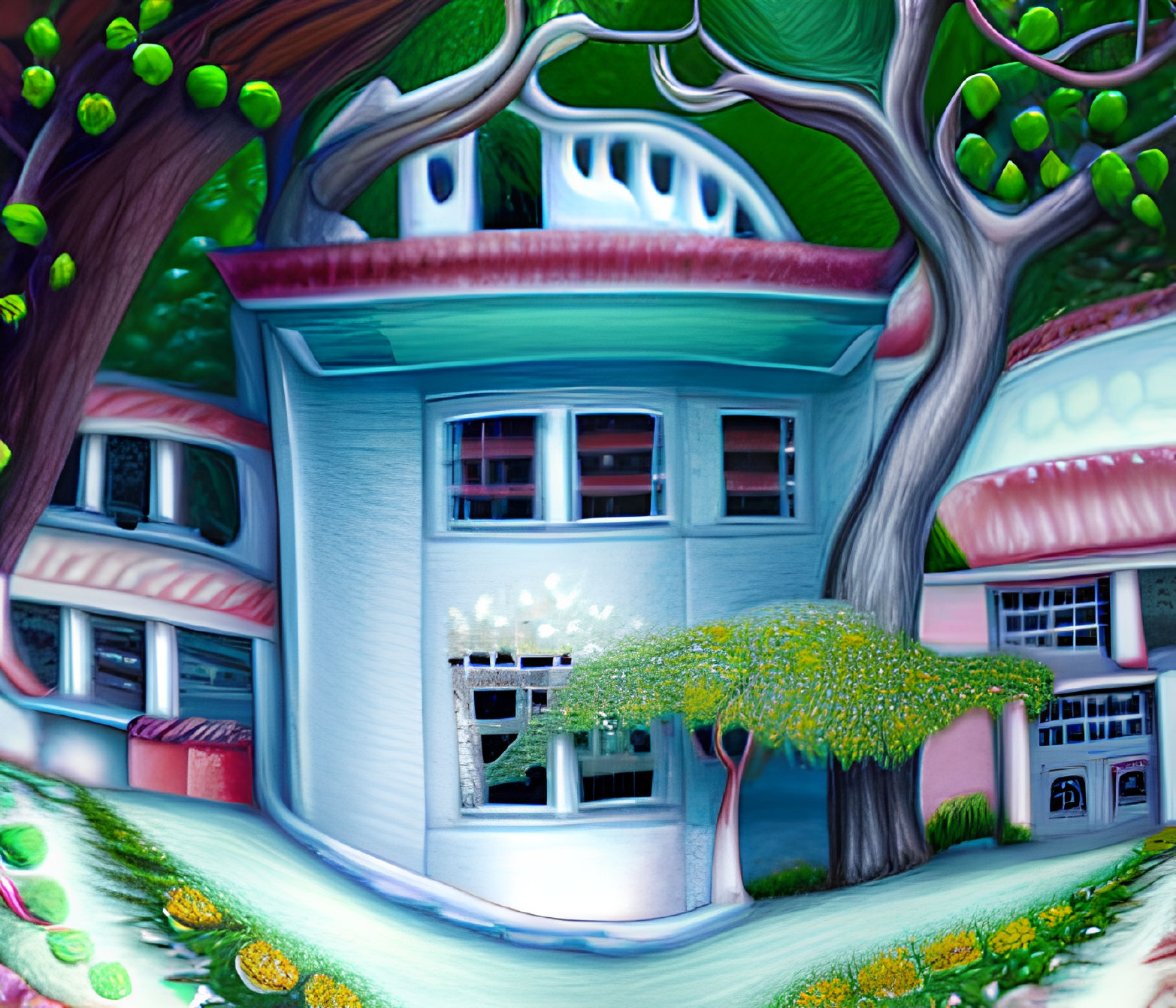 Surreal blue house with pink highlights in whimsical illustration