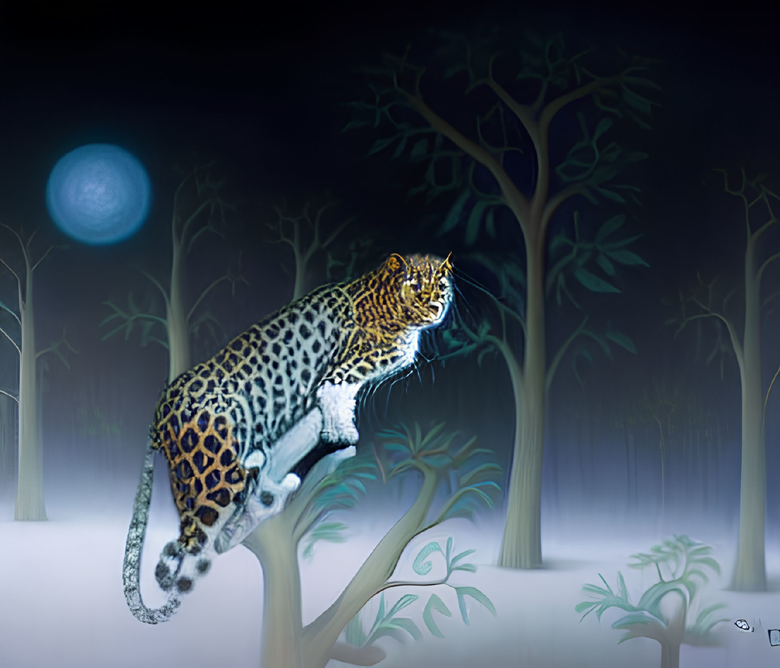 Digital Artwork: Jaguar on Tree Branch in Mystical Night Forest