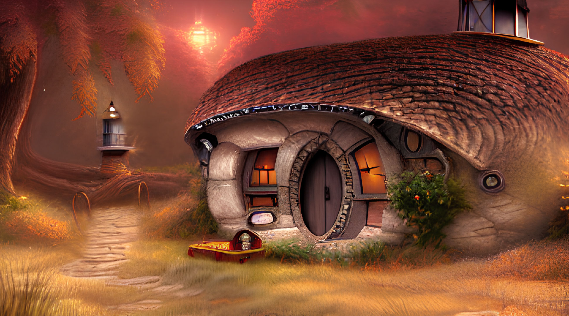 Enchanting landscape: Cozy hobbit-hole under hill, surrounded by trees and lamppost