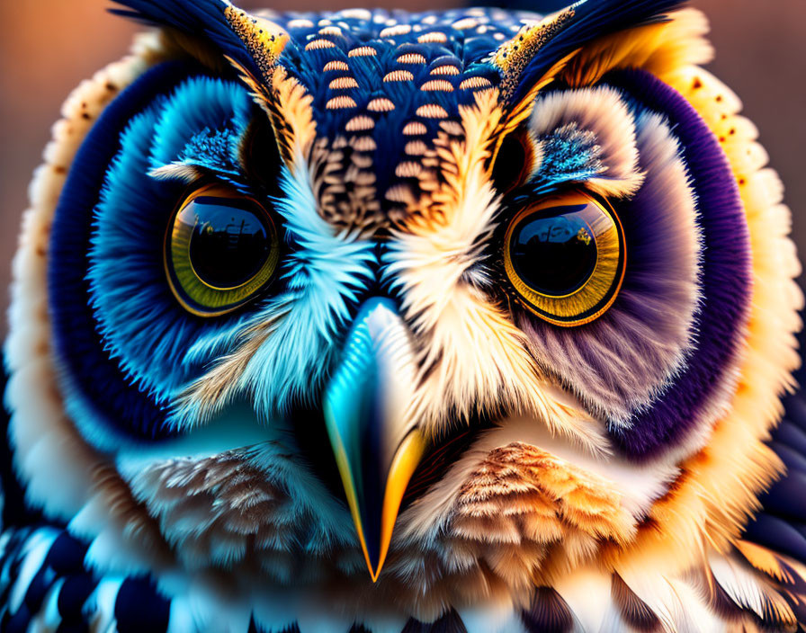 Colorful Owl Close-Up with Blue, Orange, and Purple Feathers