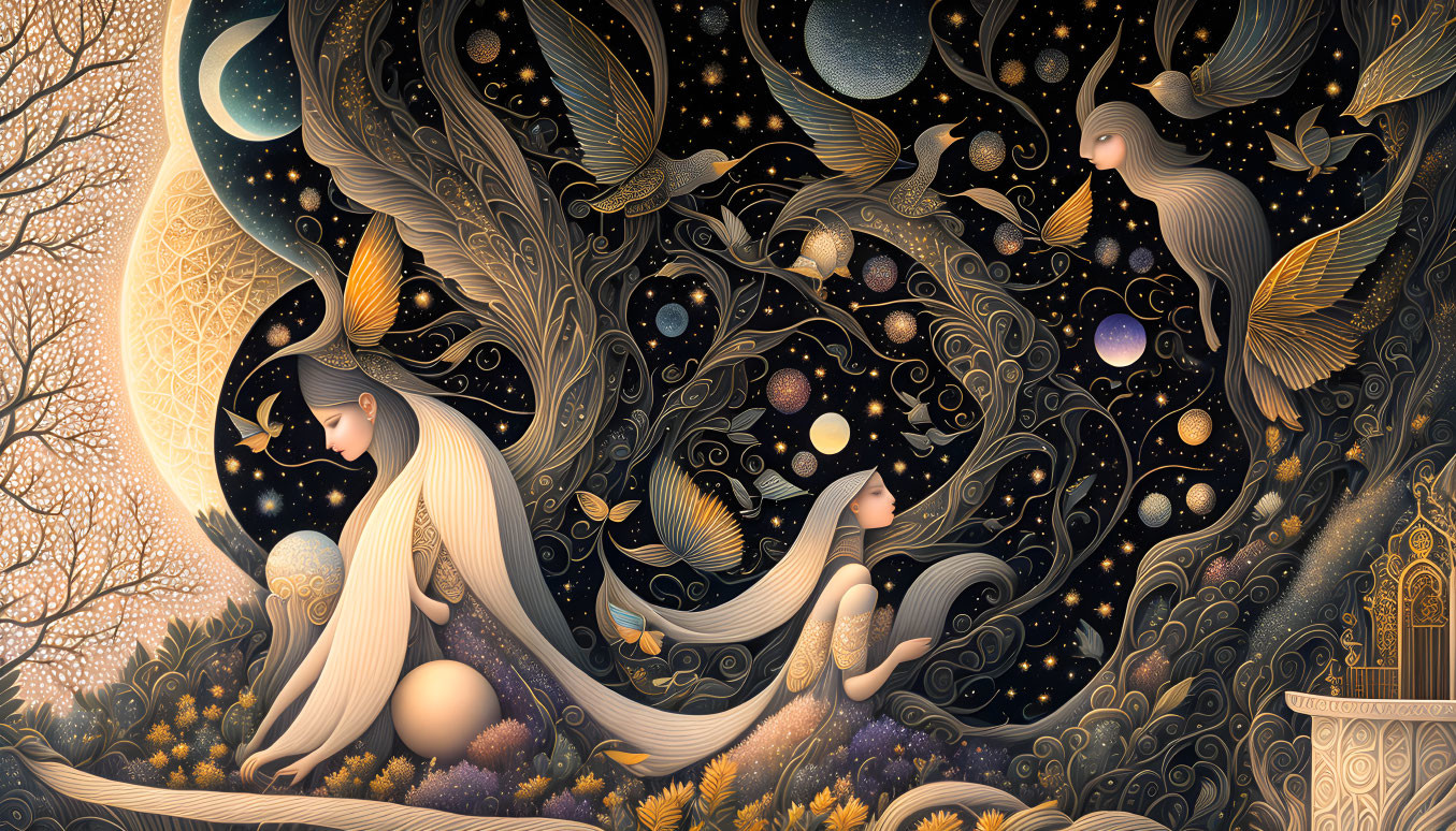 Fantasy-inspired illustration: Ethereal figures and celestial orbs in decorative starry setting