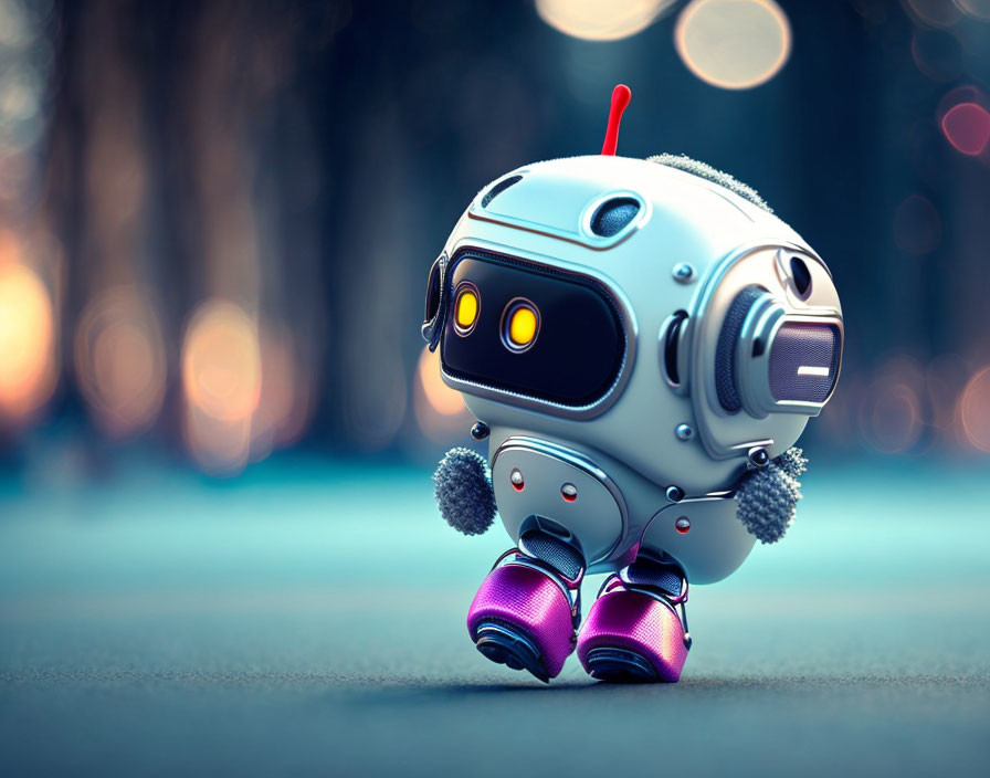 Small Cute Robot with Big Eyes in Purple Shoes on Pavement with Warm Lights