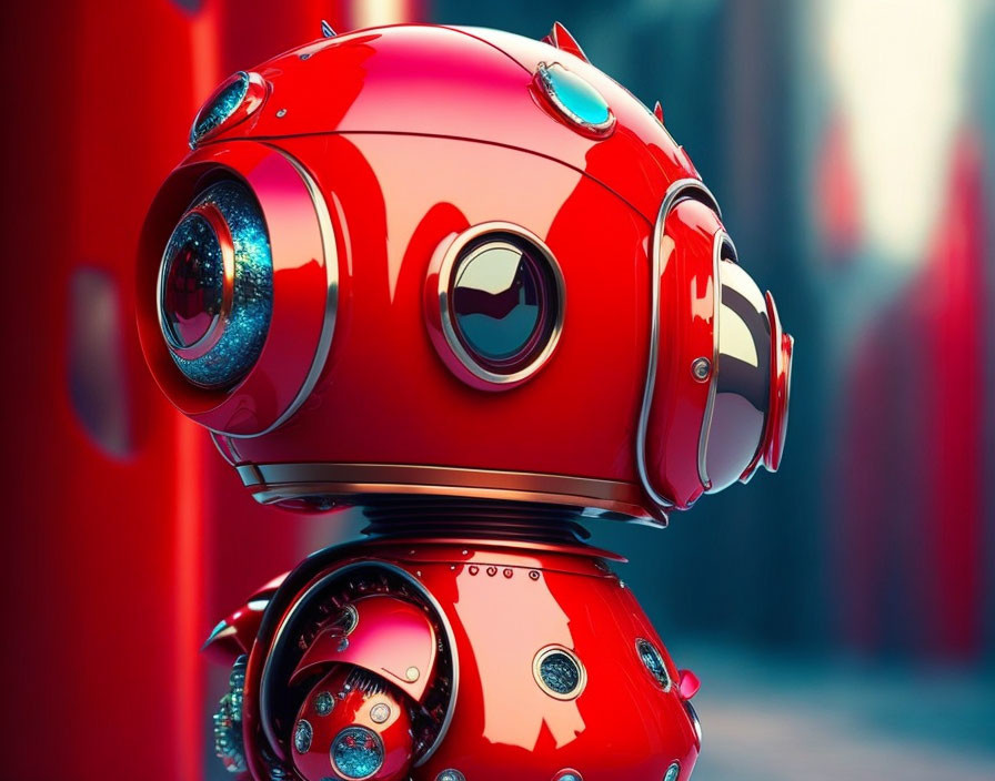 Red shiny futuristic robot with expressive eyes on blurred red background