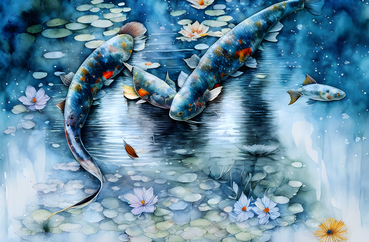 Surreal watercolor painting of koi fish and lily pads in serene pond