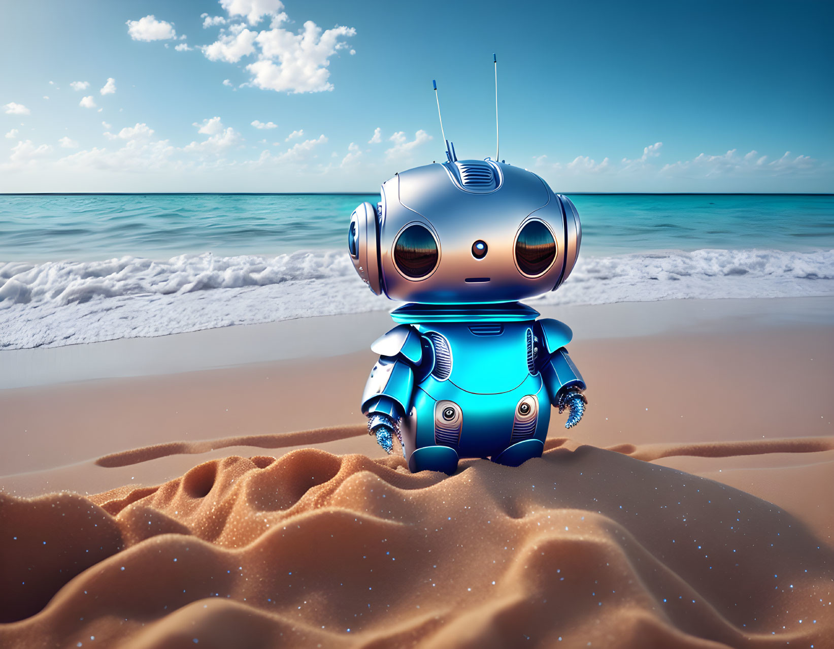 Blue robot on sandy beach gazes at sky and ocean horizon