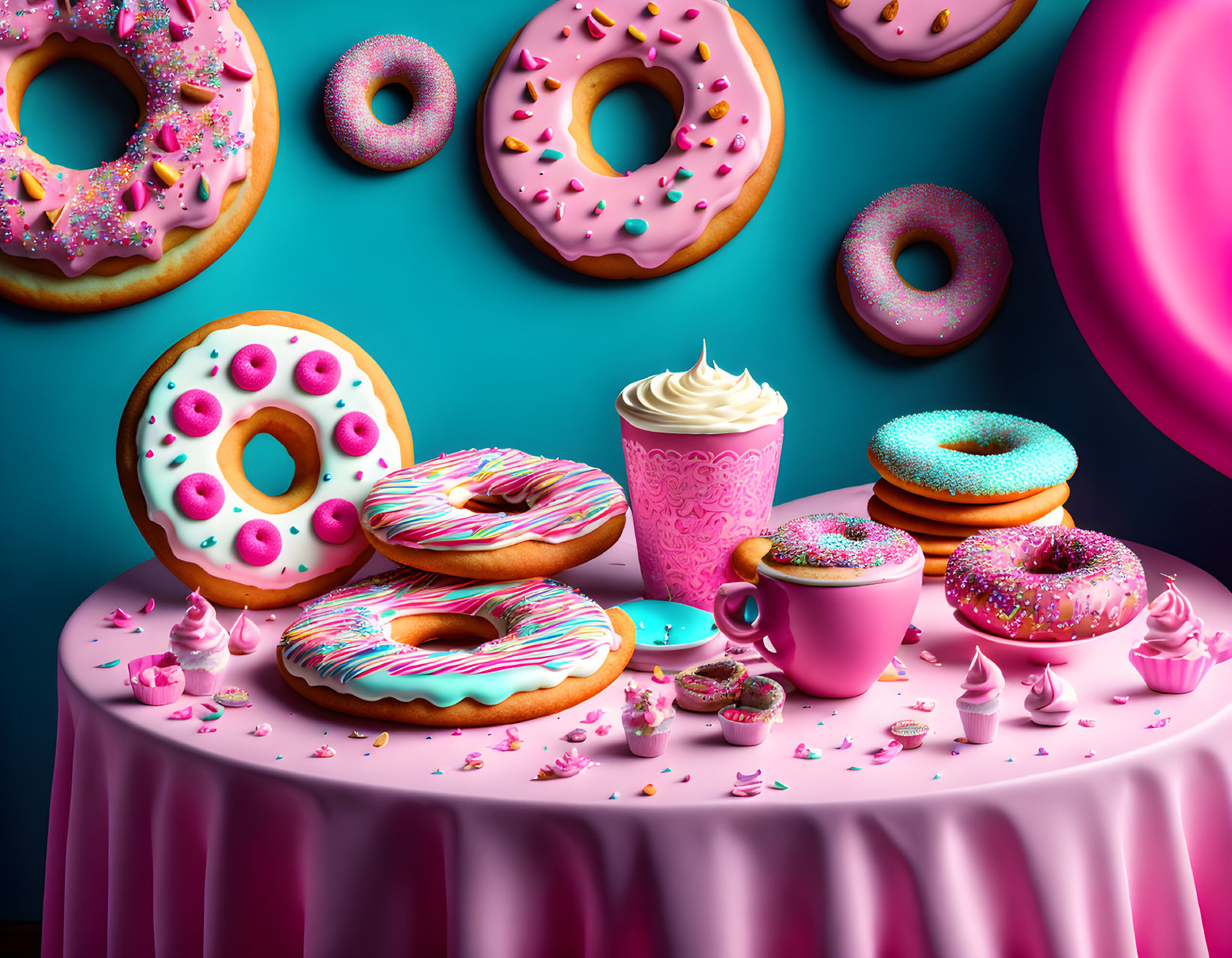 Colorful donuts and whipped cream drink on pink table