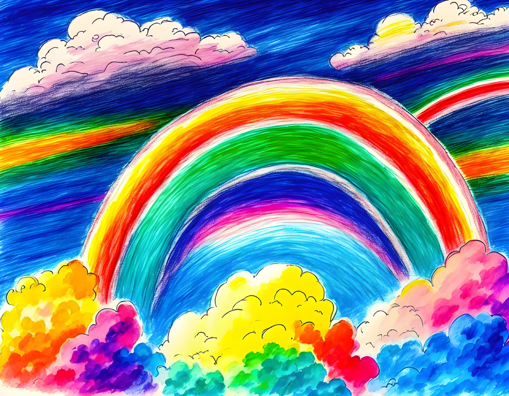 Colorful rainbow drawing in blue skies with multicolored clouds