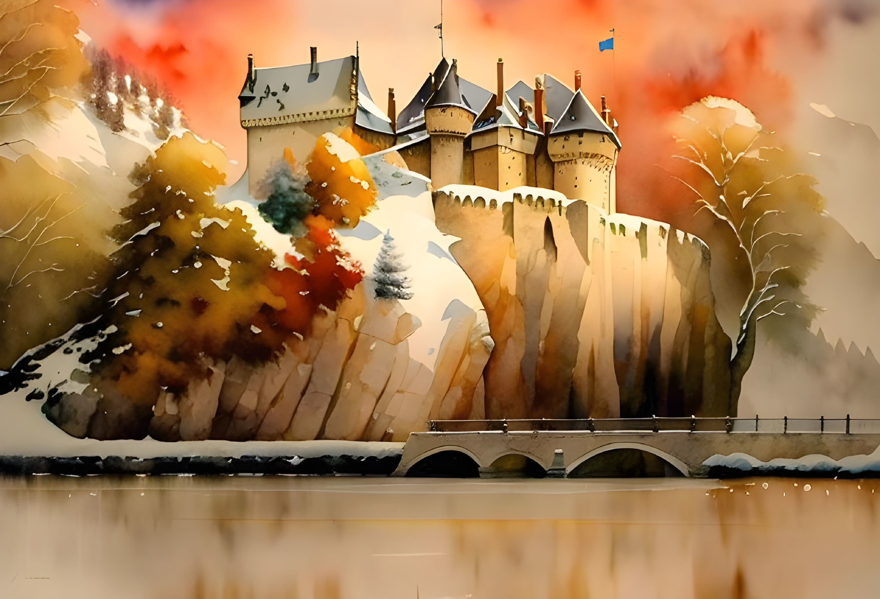 Medieval castle watercolor painting with autumn trees and river