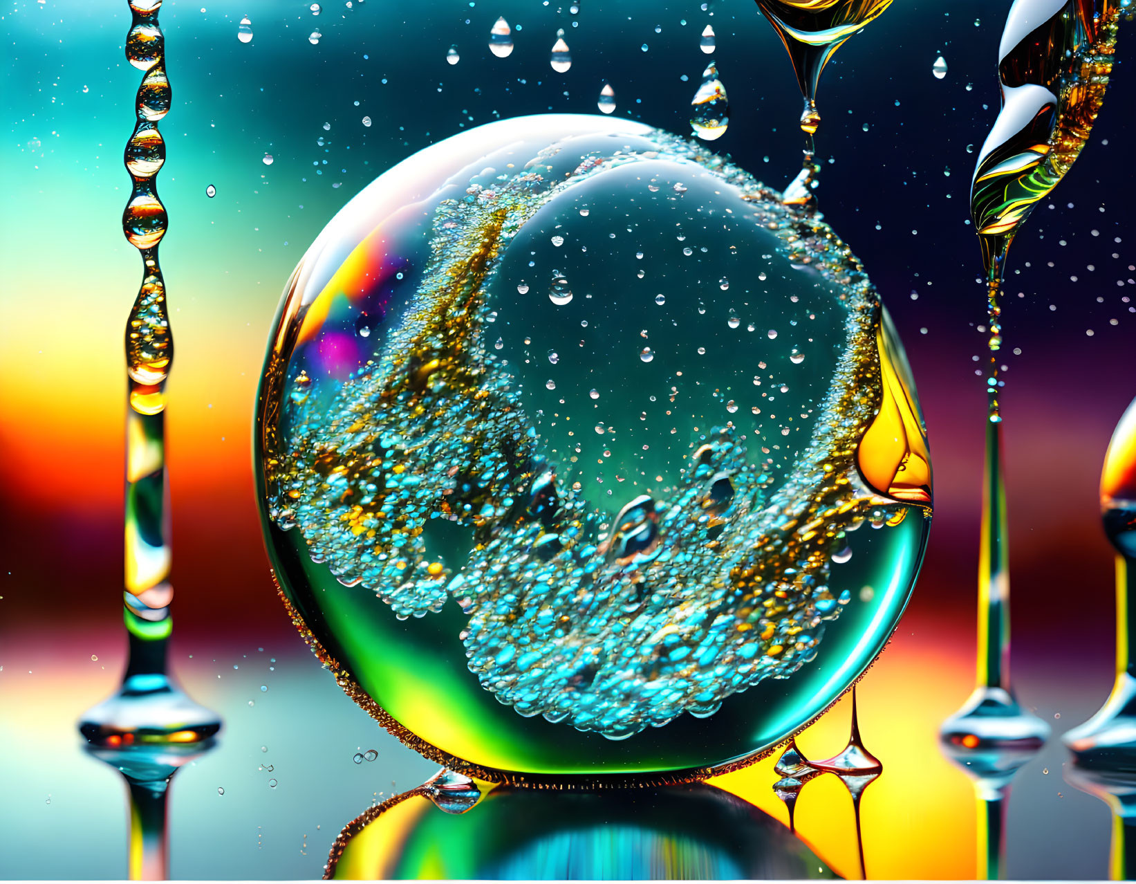 Colorful Reflective Surface with Water Droplets and Central Bubble