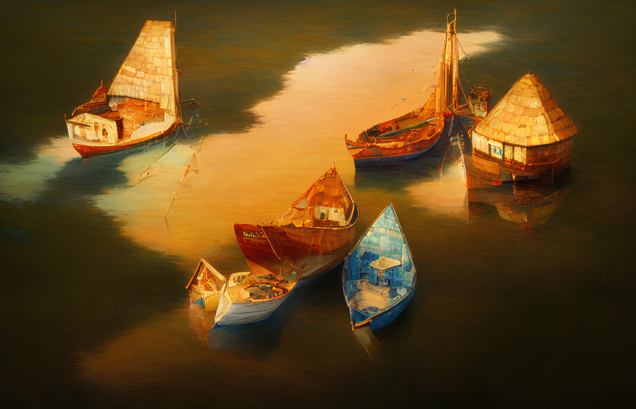 Boats with illuminated sails on calm water.