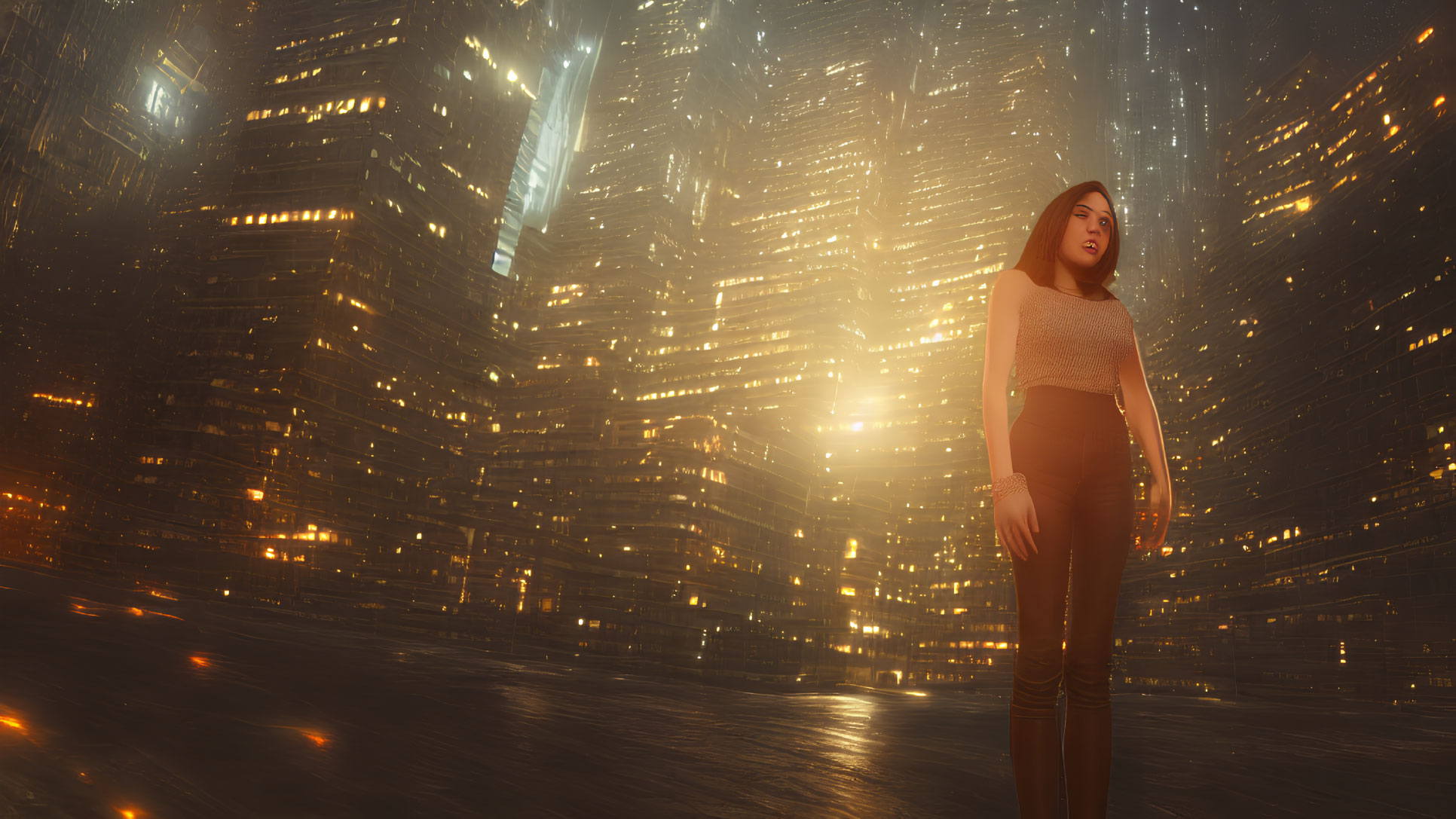 Woman standing in cityscape with skyscrapers and hazy sky