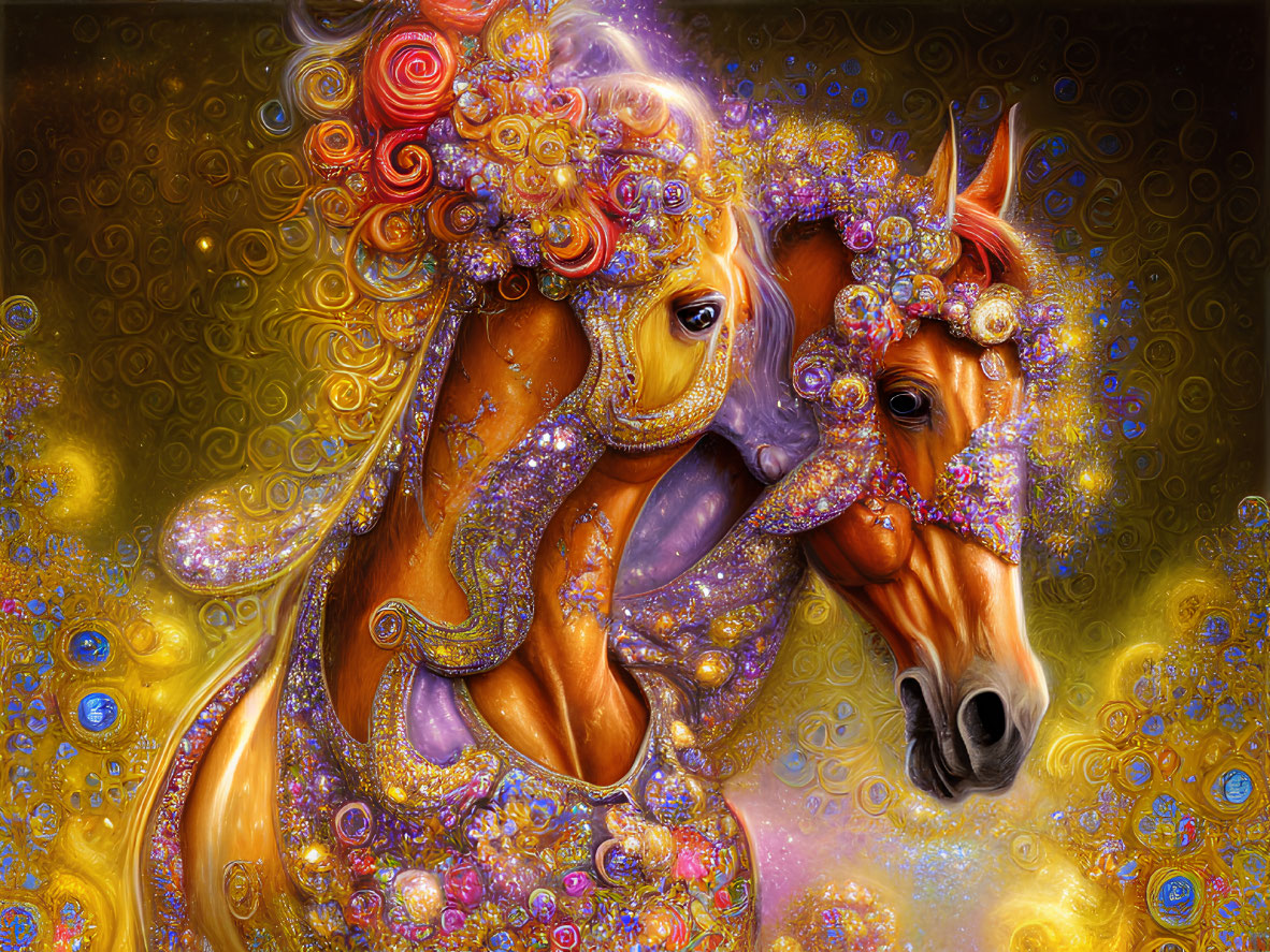 Colorful Ornate Horses on Golden Swirl Background
