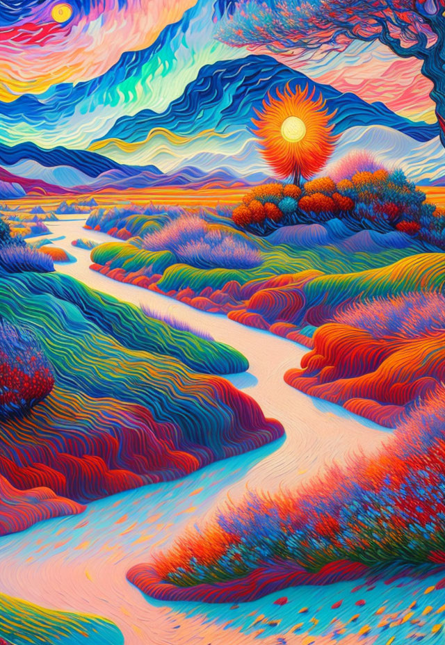 Vibrant landscape with sun, hills, tree, river, and wavy textures
