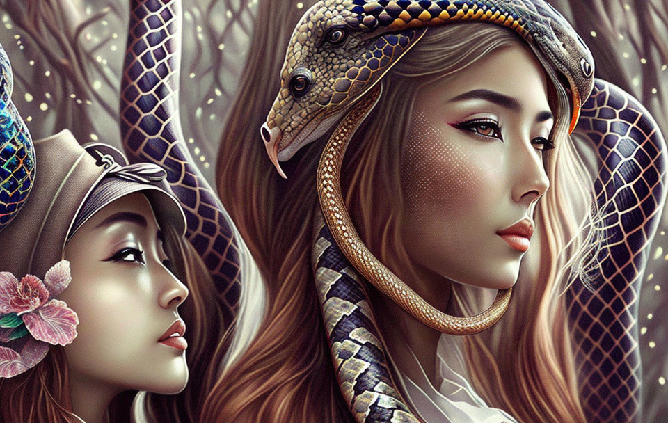 Digital Artwork: Two Women with Snake in Cool and Warm Tones