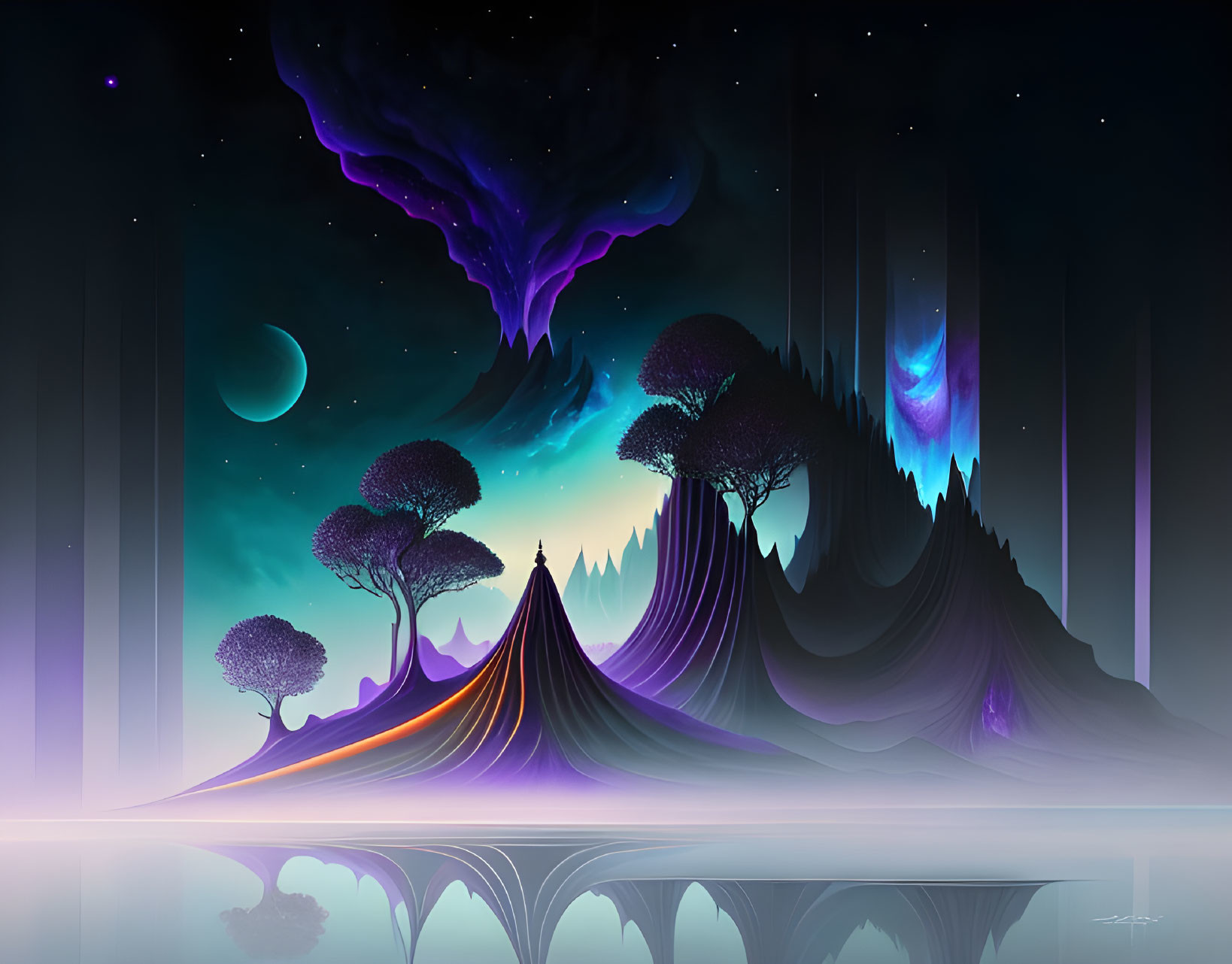 Tranquil digital art landscape with vibrant trees, mountains, and twilight sky