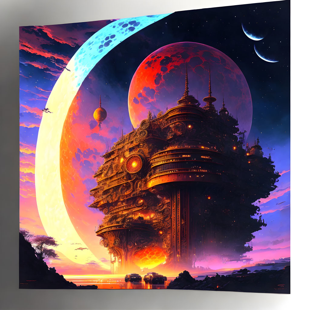 Ornate futuristic floating city with giant planets and vibrant sky