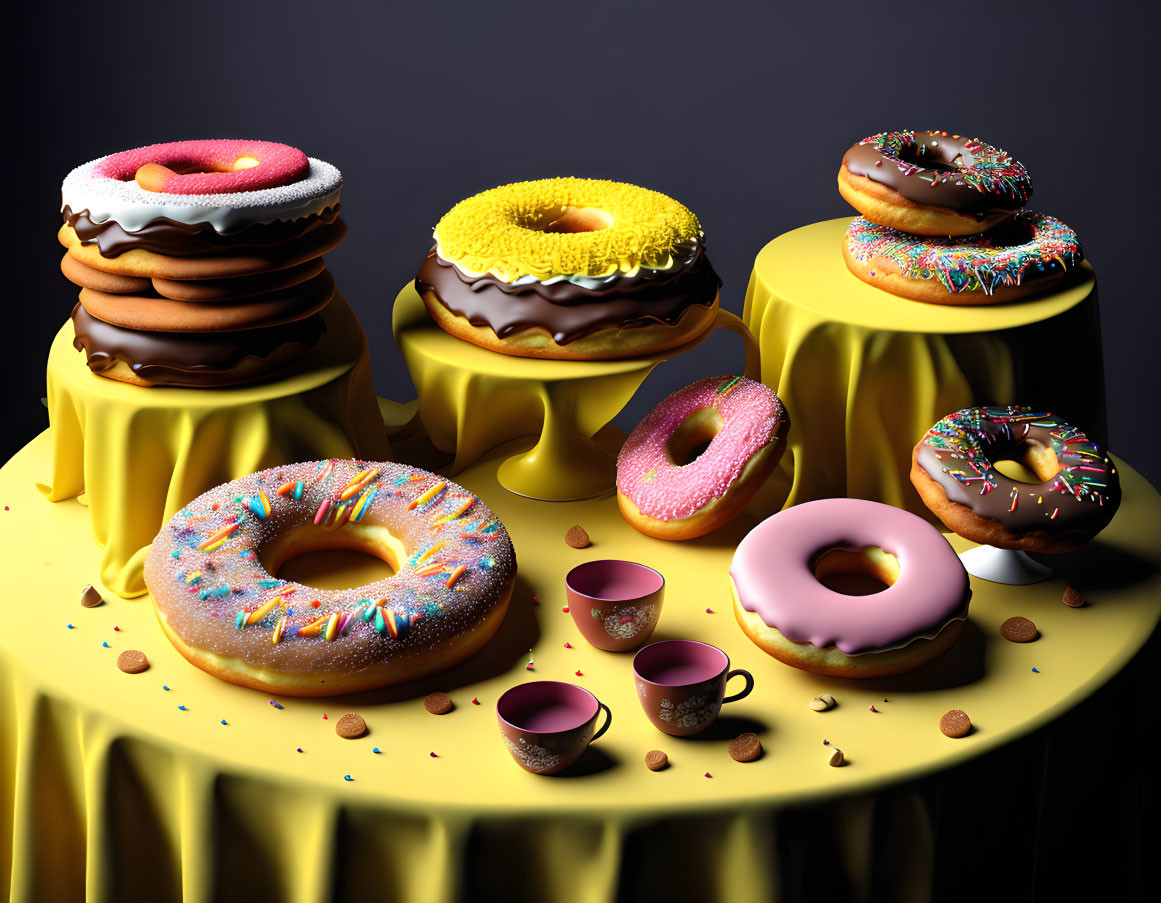 Colorful donuts on yellow stands with coffee cups, nuts, and chocolate on dark background