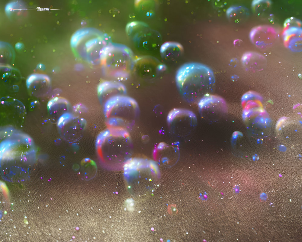 Colorful soap bubbles with rainbow reflections on glittering bokeh background