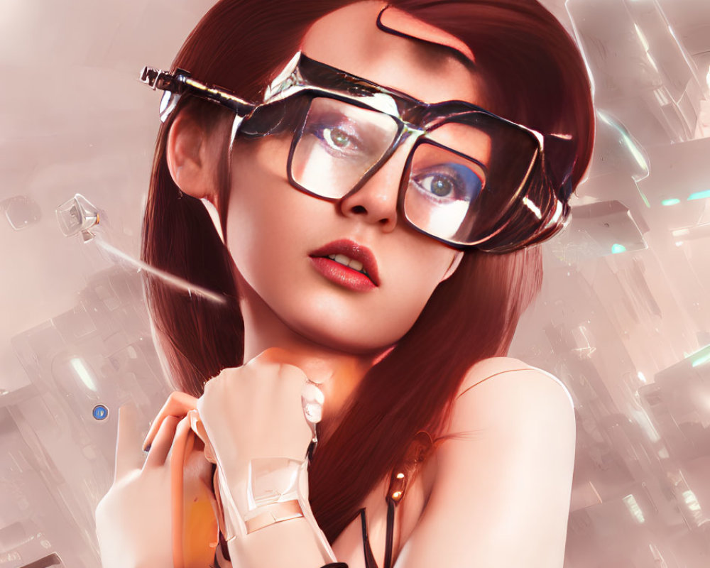 Futuristic 3D rendering of woman with red hair and large glasses