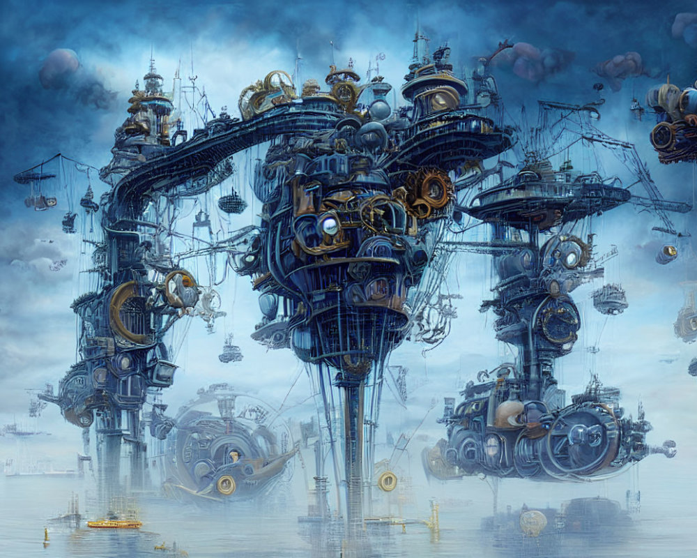 Fantasy artwork: Mechanical flying port with airships in cloudy skies