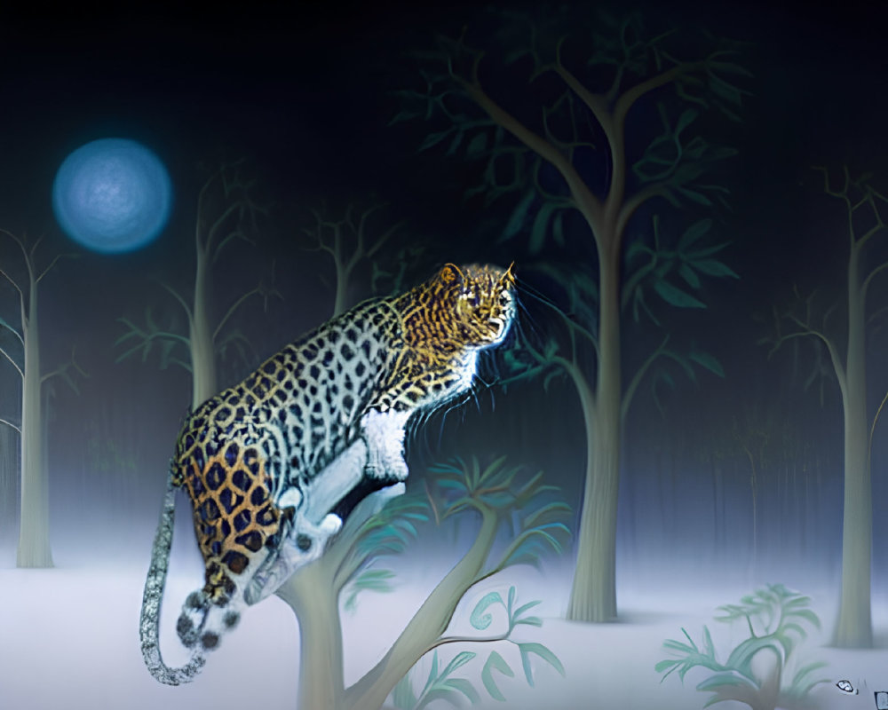 Digital Artwork: Jaguar on Tree Branch in Mystical Night Forest