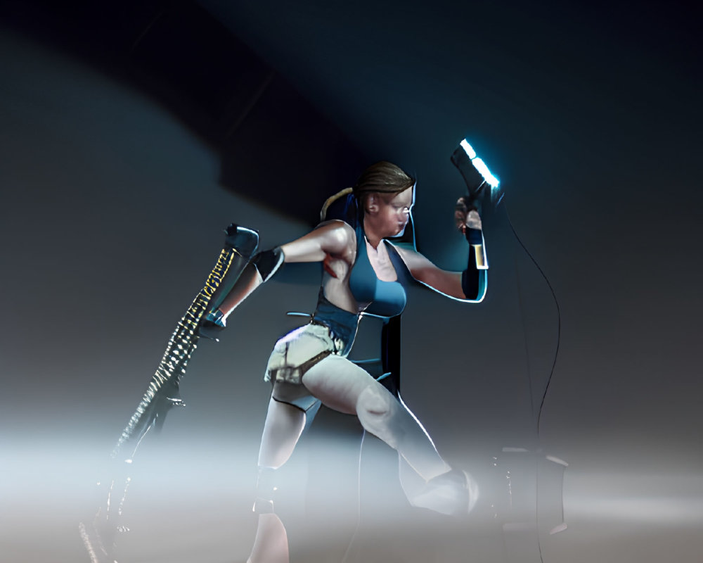 Female character in combat stance with sword and glowing blue device against hazy background