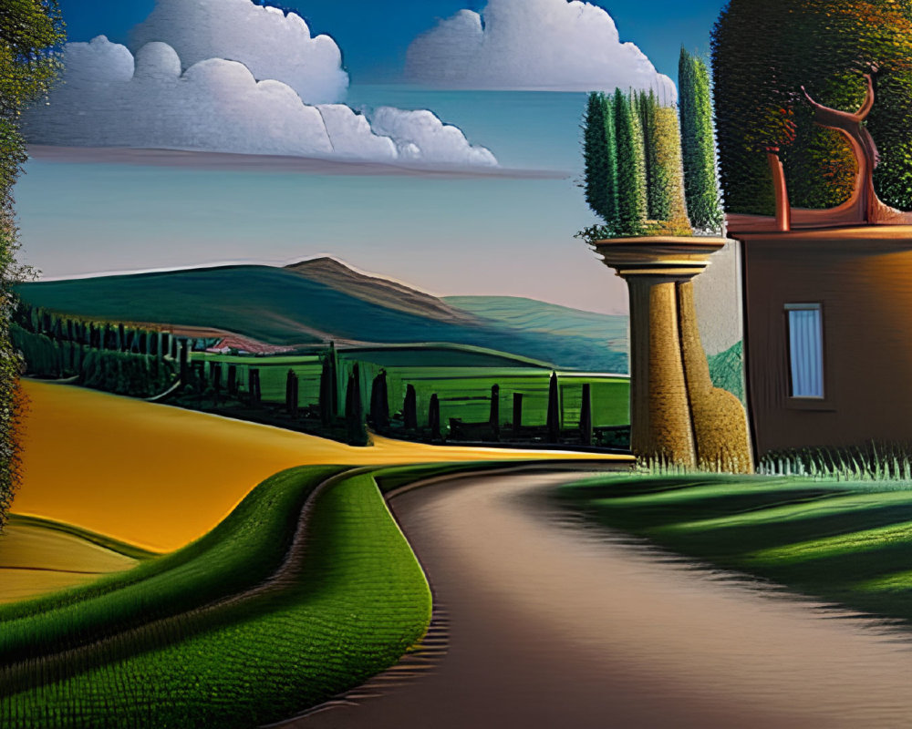 Surreal landscape with cylindrical trees, building, and stylized clouds