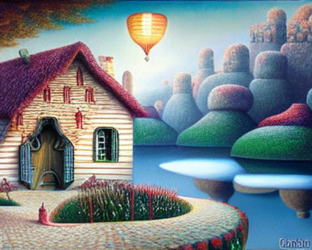 Whimsical painting of cozy cottage, floating islands, and hot air balloon