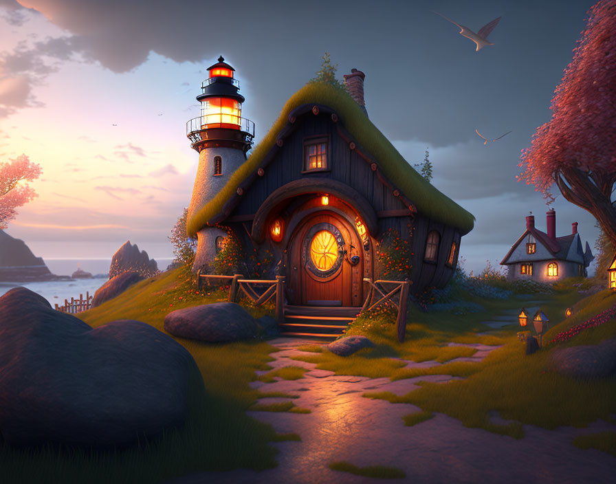 Cozy cottage with lighthouse in lush setting at twilight