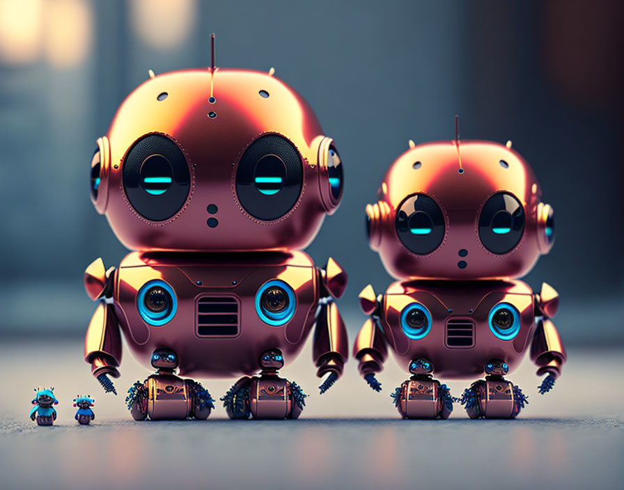 Large cute robots with small toys in warm tones