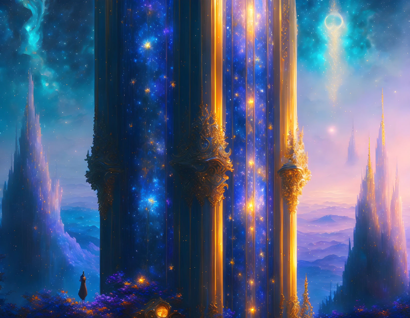 Mystical landscape with golden pillars under star-filled sky