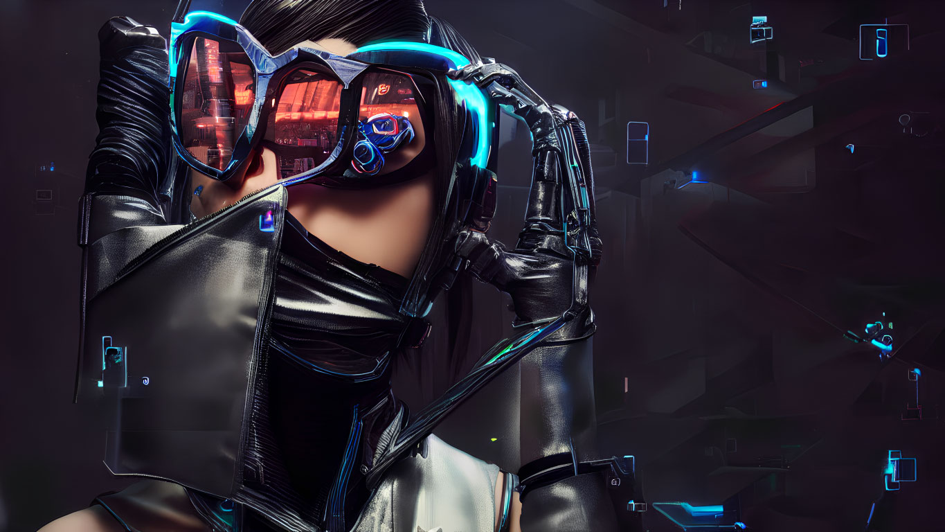 Futuristic attire with glowing visor glasses and digital icons on dark backdrop