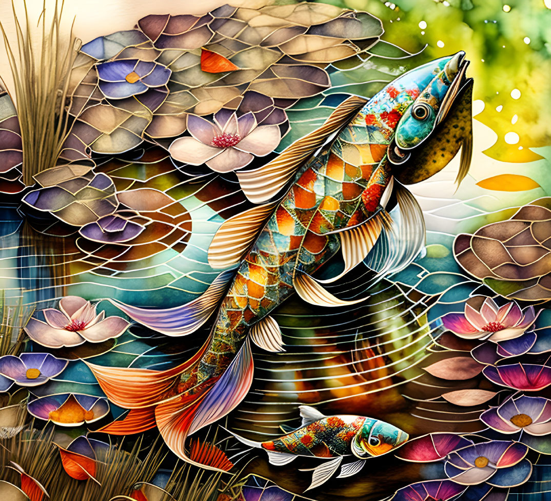 Colorful koi fish illustration with lotus flowers and greenery.