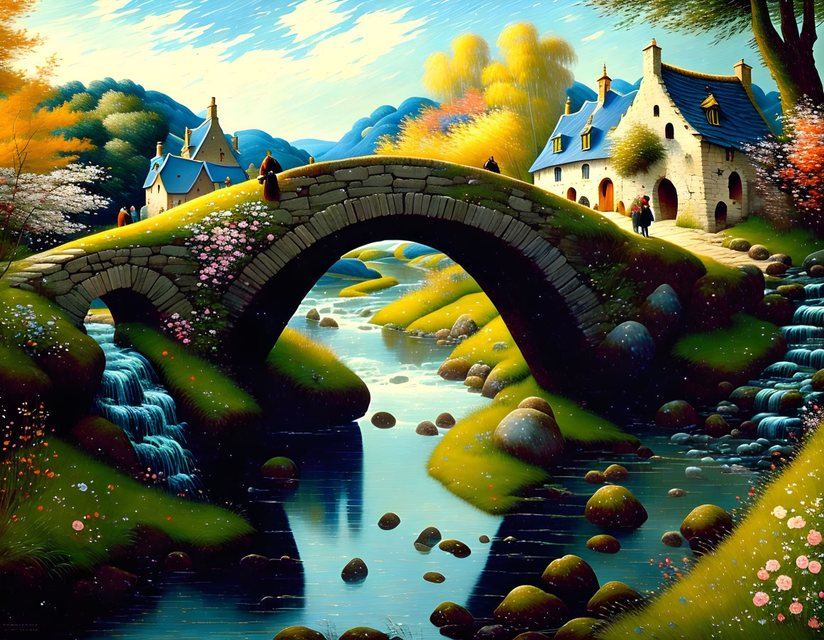 Scenic landscape with stone bridge, river, cottages, trees & people