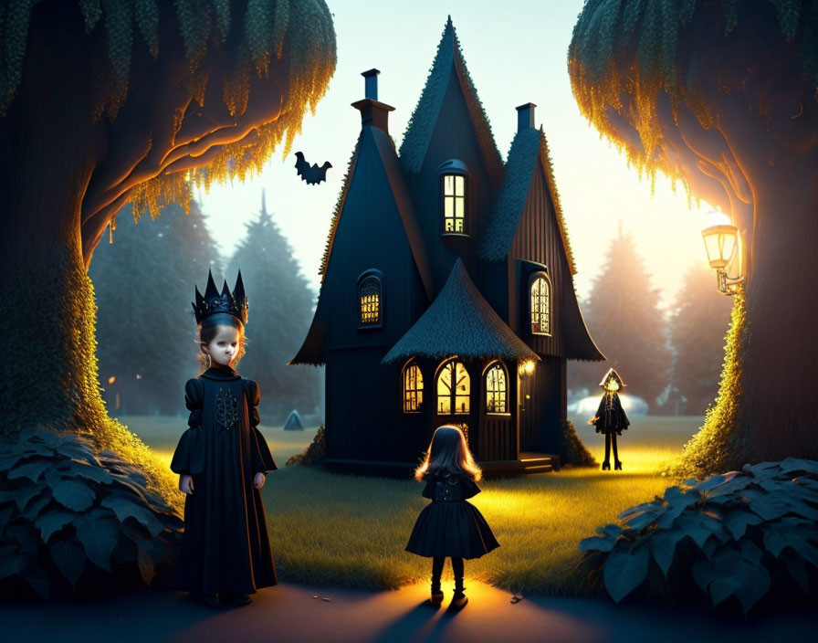 Gothic-themed nighttime scene with children walking towards fantasy black house