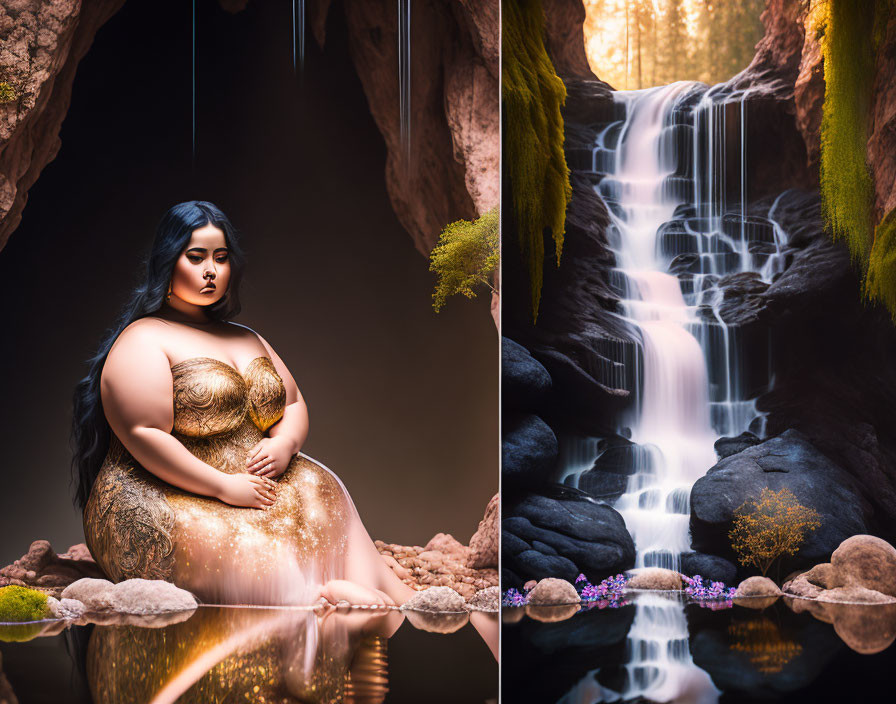 Composite Image: Woman by Waters & Waterfall in Nature