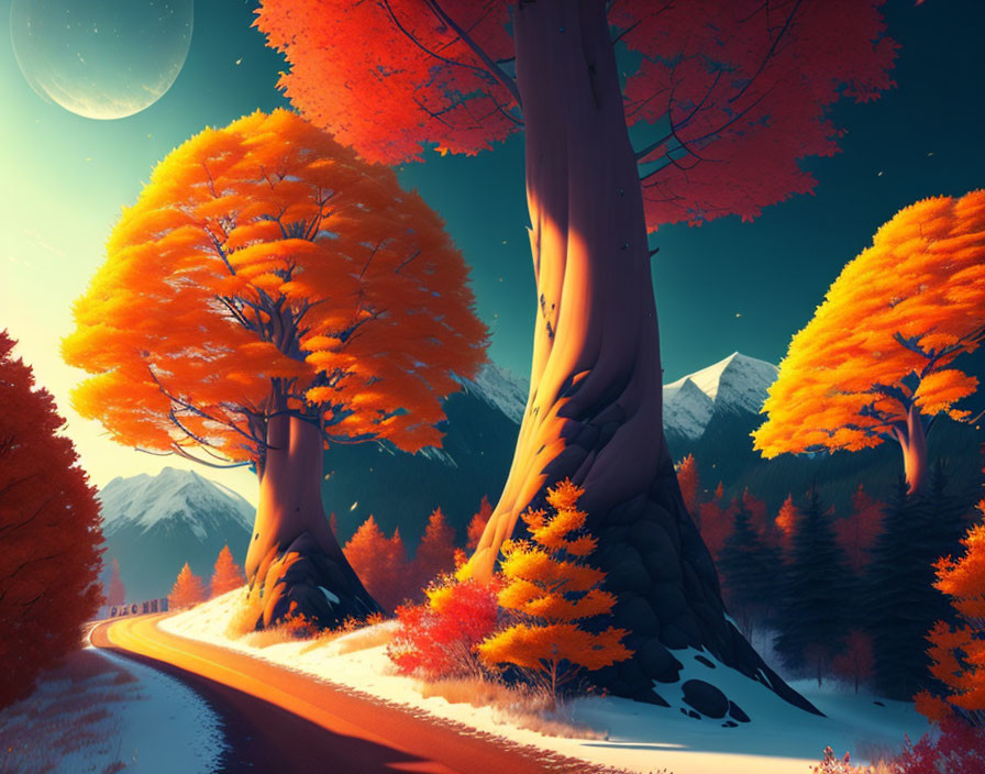 Vibrant autumn scenery with orange trees, snowy mountains, and a large moon.