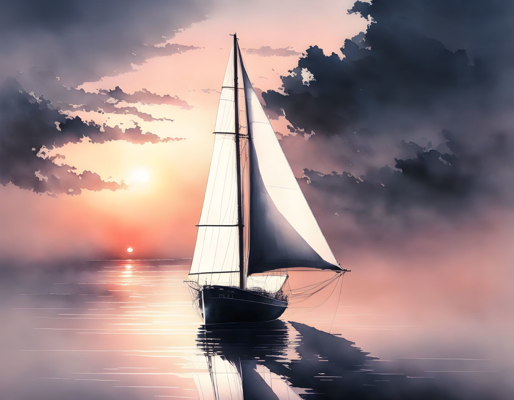 Sailboat gliding on calm waters at sunset with golden and purple hues.