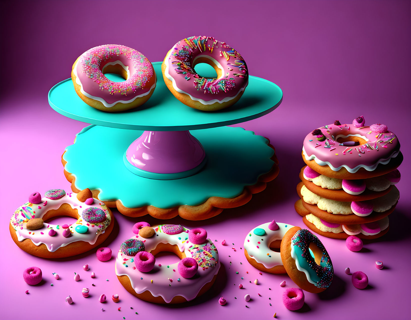 Colorful Donuts with Icing and Sprinkles on Blue Stand