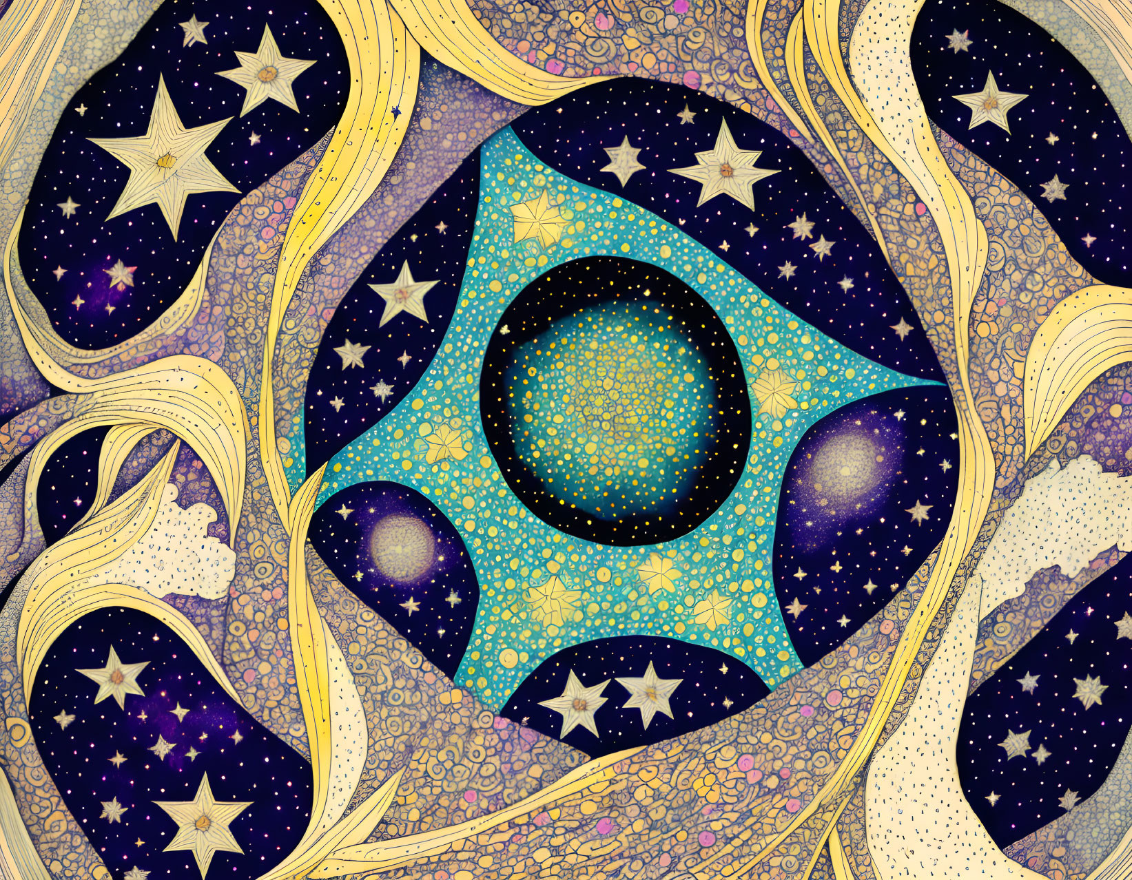 Cosmic abstract illustration with stars, galaxies, golden ribbons, and textured background