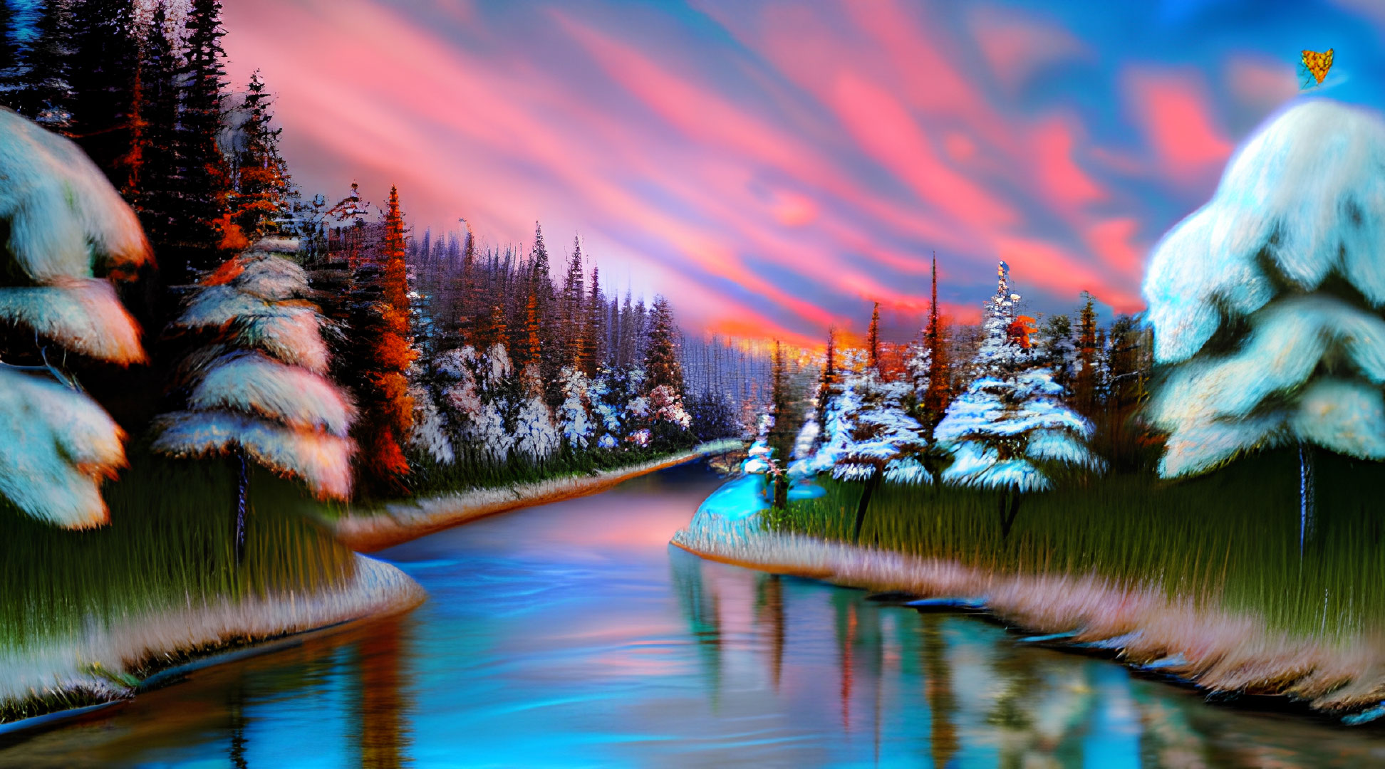 Snow-covered trees, winding river, pink and blue sky landscape