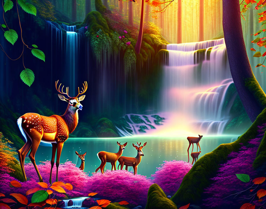 Majestic stag and does near vibrant waterfall in lush forest