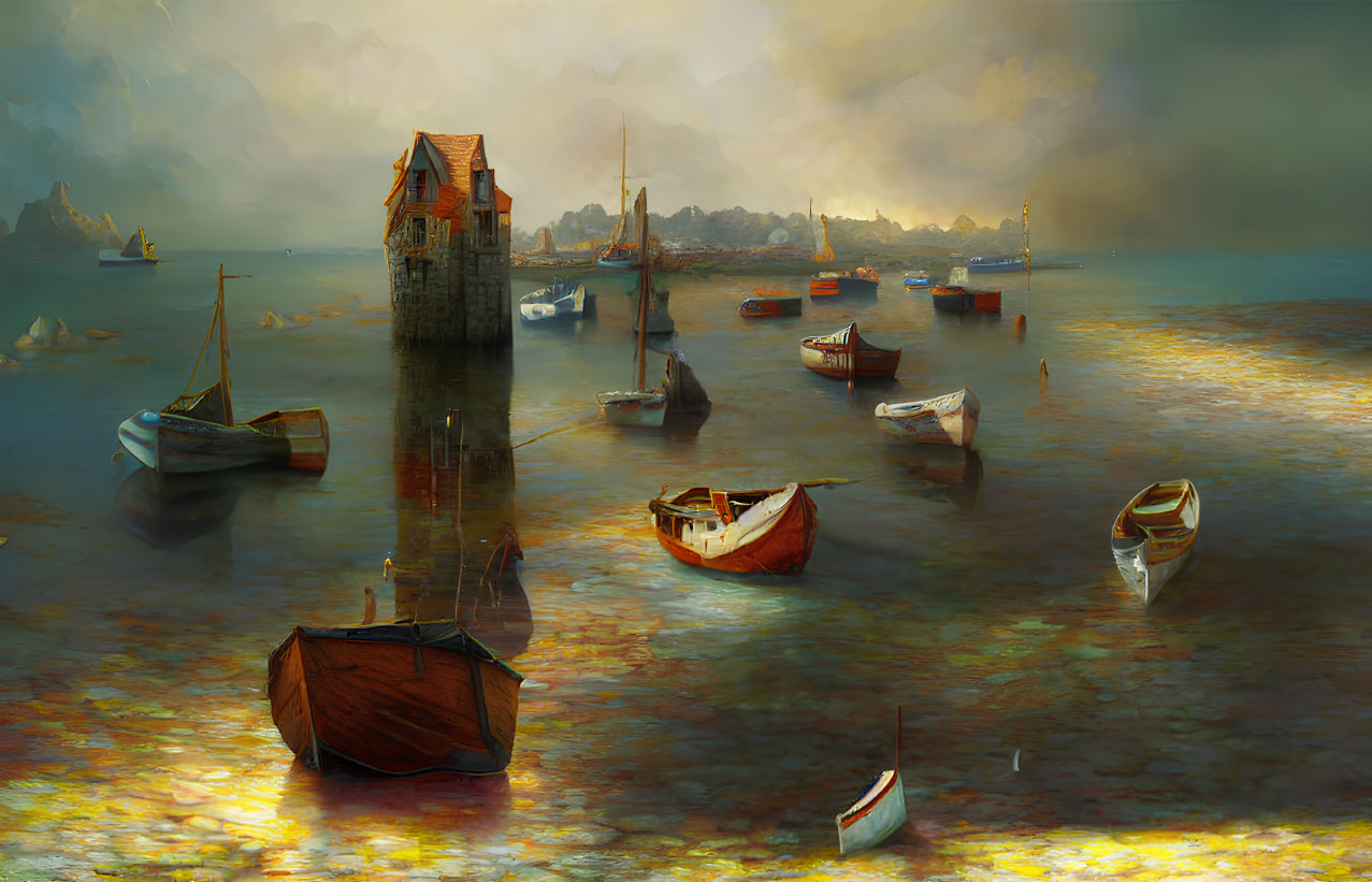 Ethereal seascape with golden sunlight, boats, lone tower, distant land, moody sky