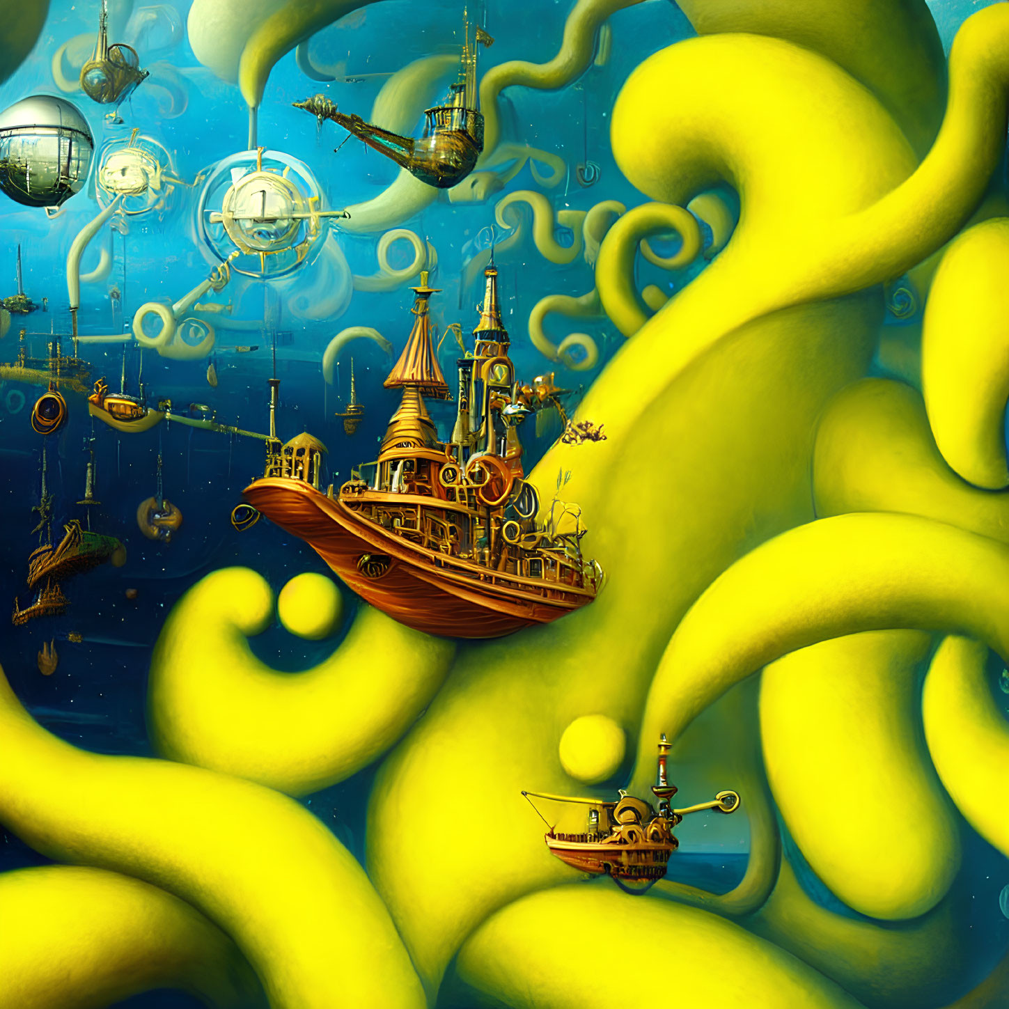 Surreal artwork: Ships, yellow tentacles, blue sky, spherical structures