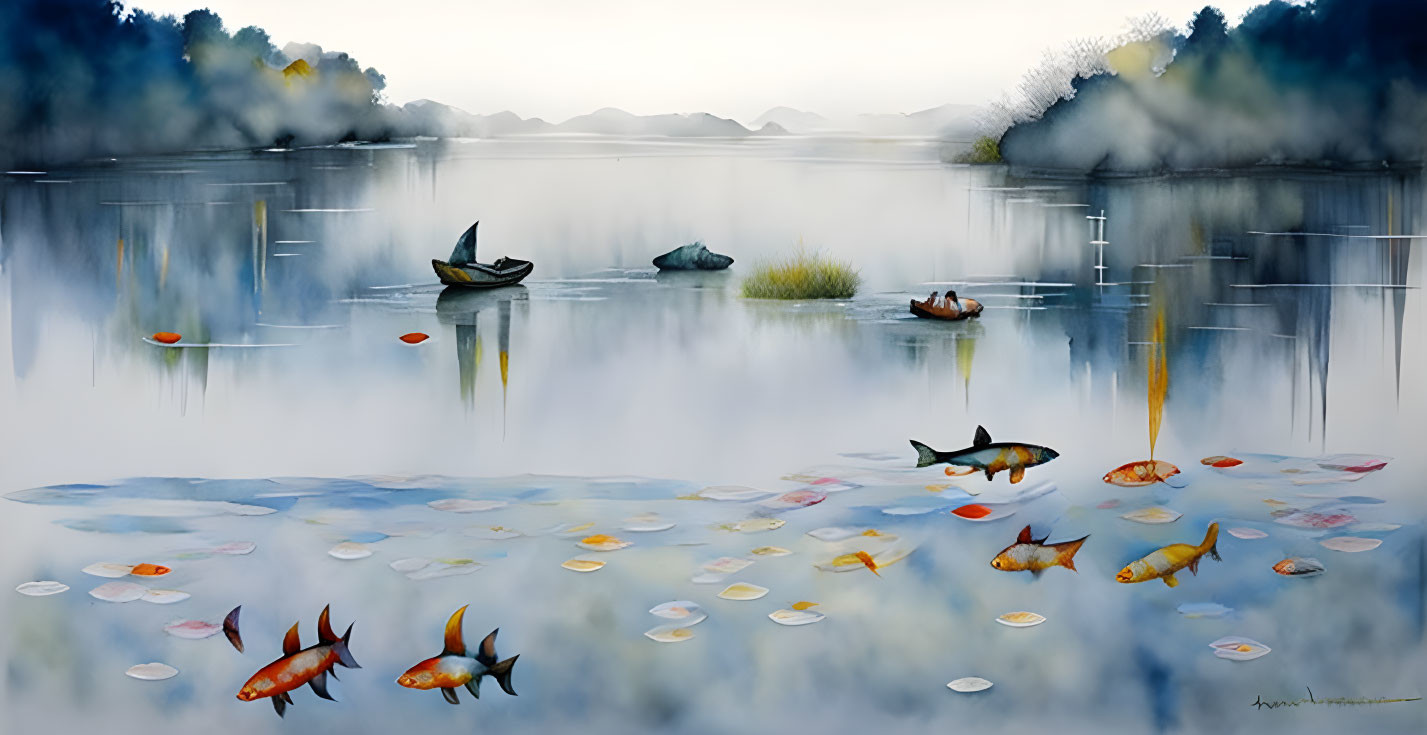 Tranquil waterscape with boats, koi fish, and reflections