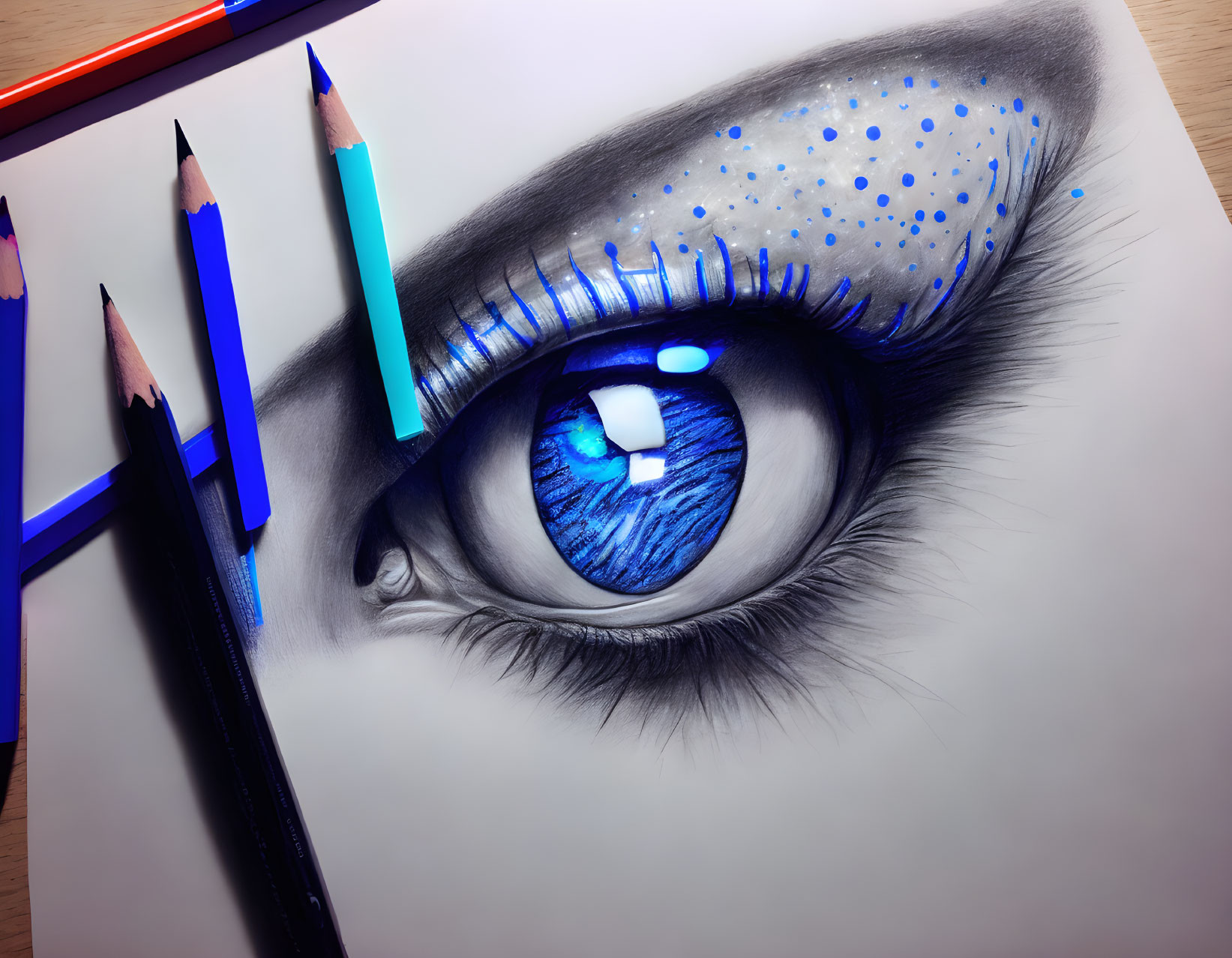 Hyper-realistic Human Eye Drawing with Vibrant Blue Hues and Makeup on Desk