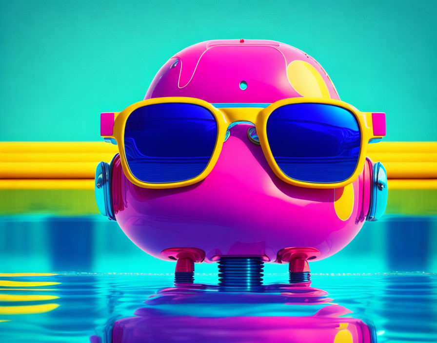 Colorful 3D illustration of floating robot with sunglasses above water