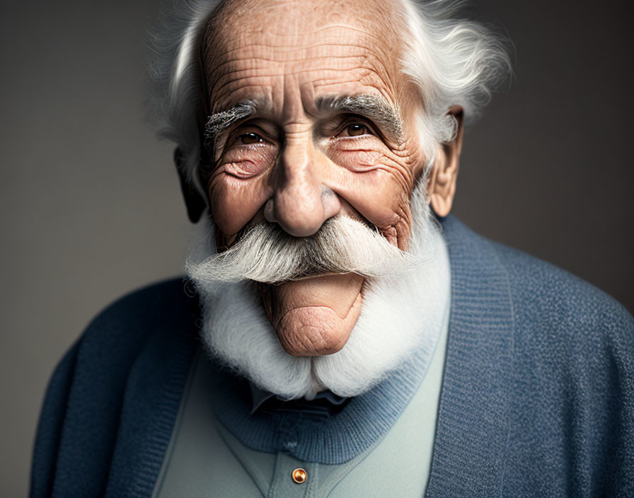 Cheerful elderly man with white beard and blue sweater on grey backdrop